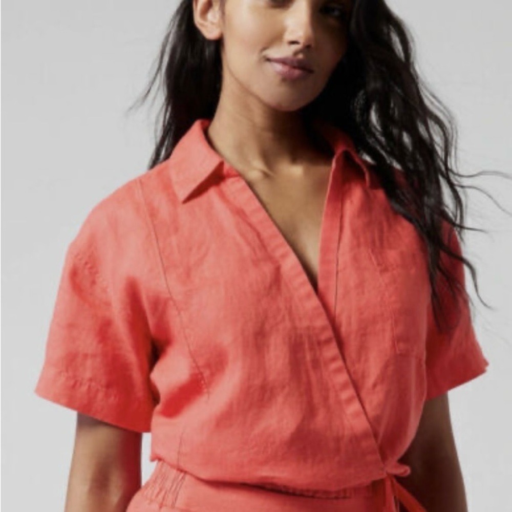 Athleta Teal Linen Resort Short Sleeve Top with pocket - Picture 9 of 9